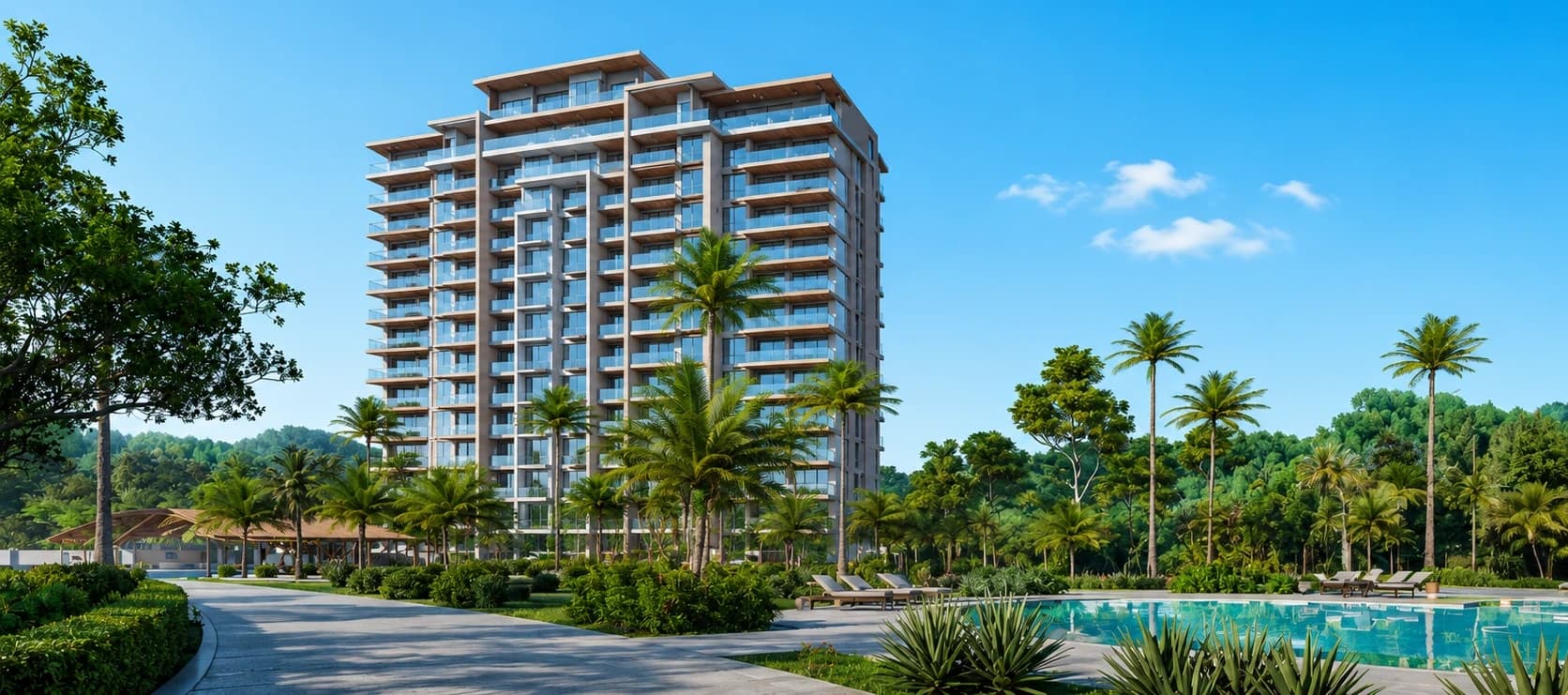 Exterior facade of the Arcadia Brasilito luxury residential complex, featuring modern architecture, spacious balconies, and tropical greenery