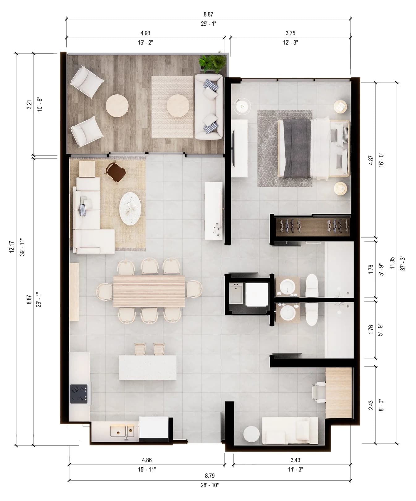 1 Bedroom Flex floor plan with measurements