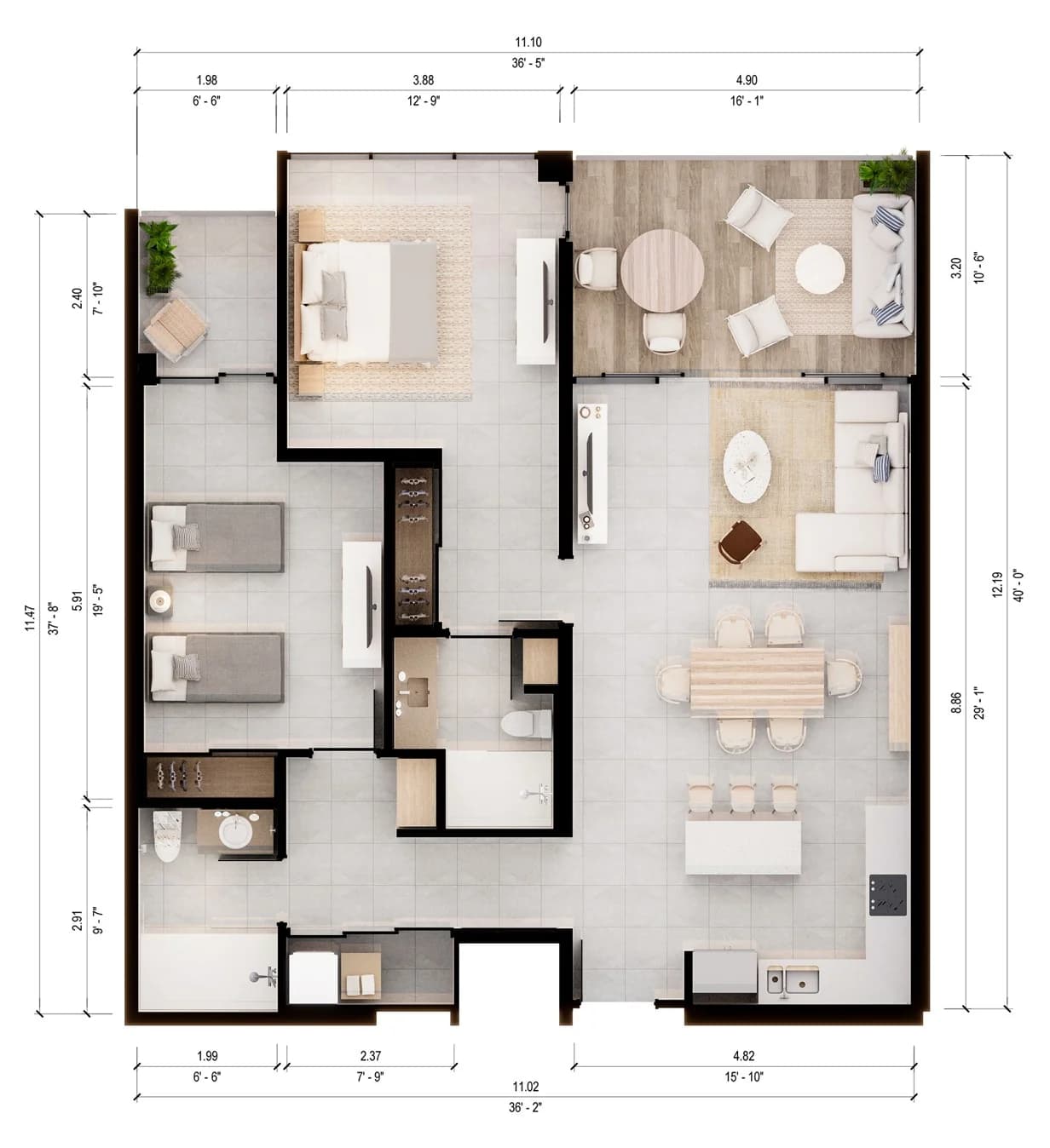 2-Bedroom floor plan with measurements