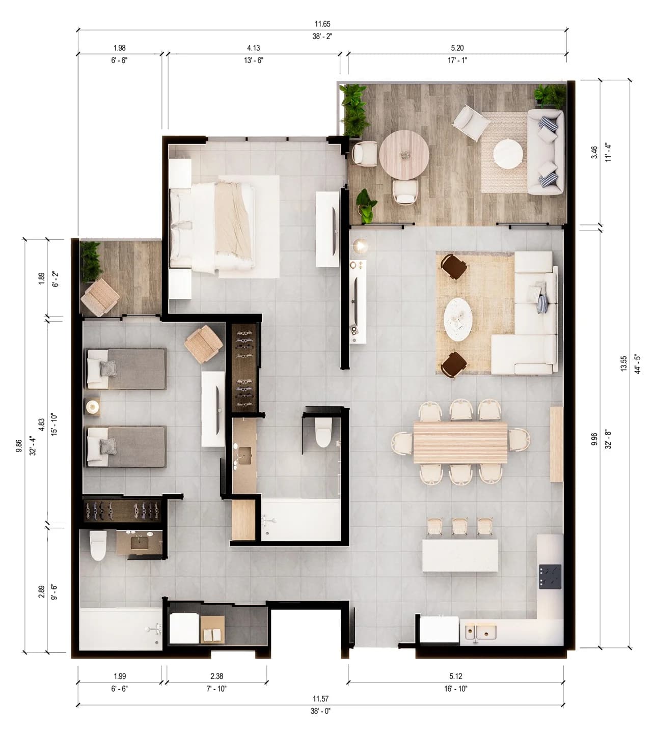 2 Bedroom floor plan with measurements