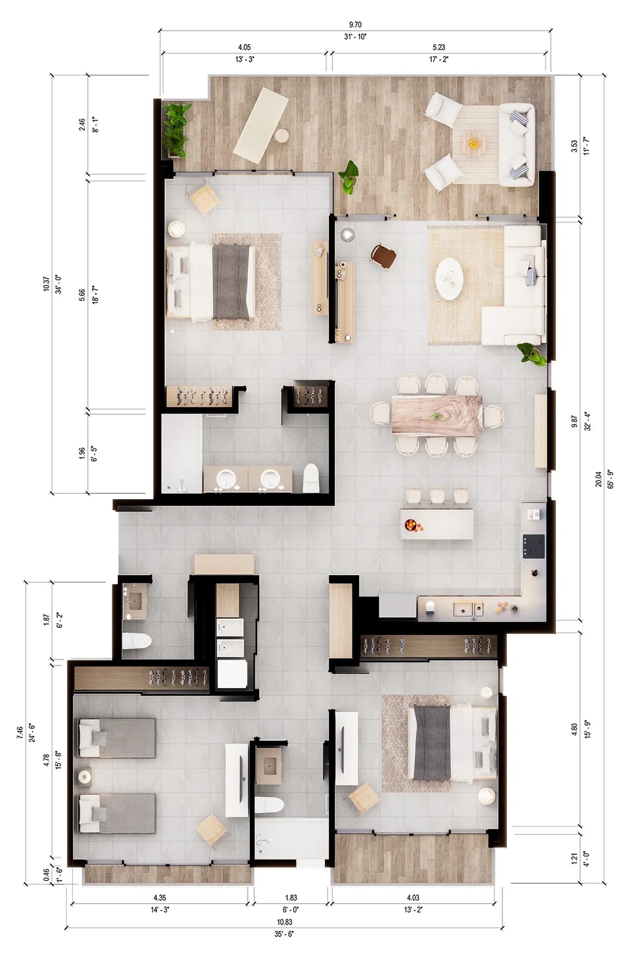 3-Bedroom floor plan with measurements