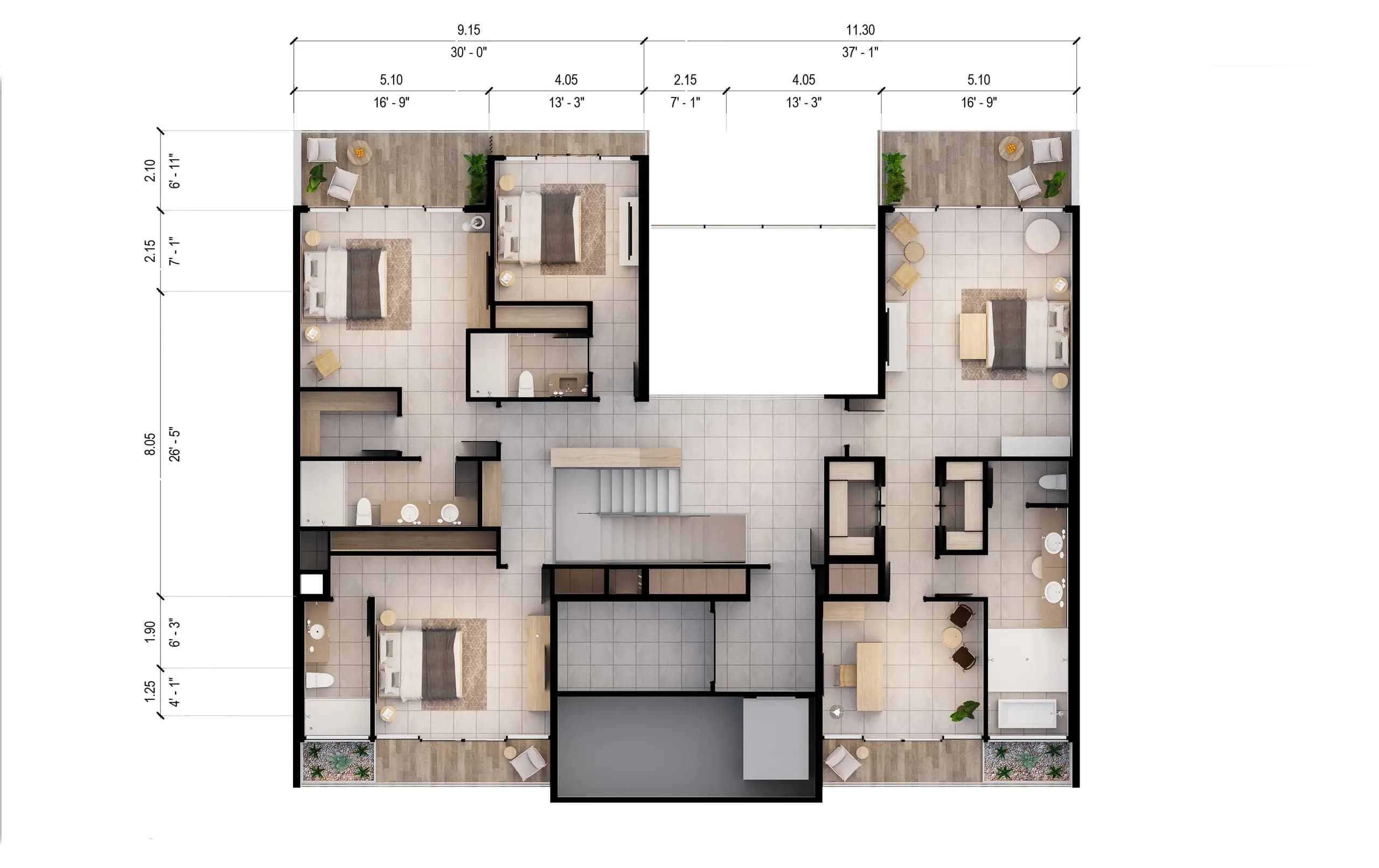 Penthouse B upper floor plan with measurements
