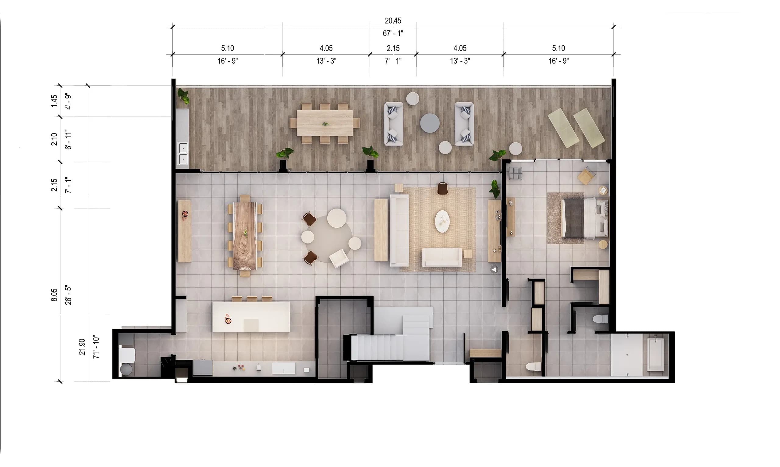 Penthouse B main floor plan with measurements