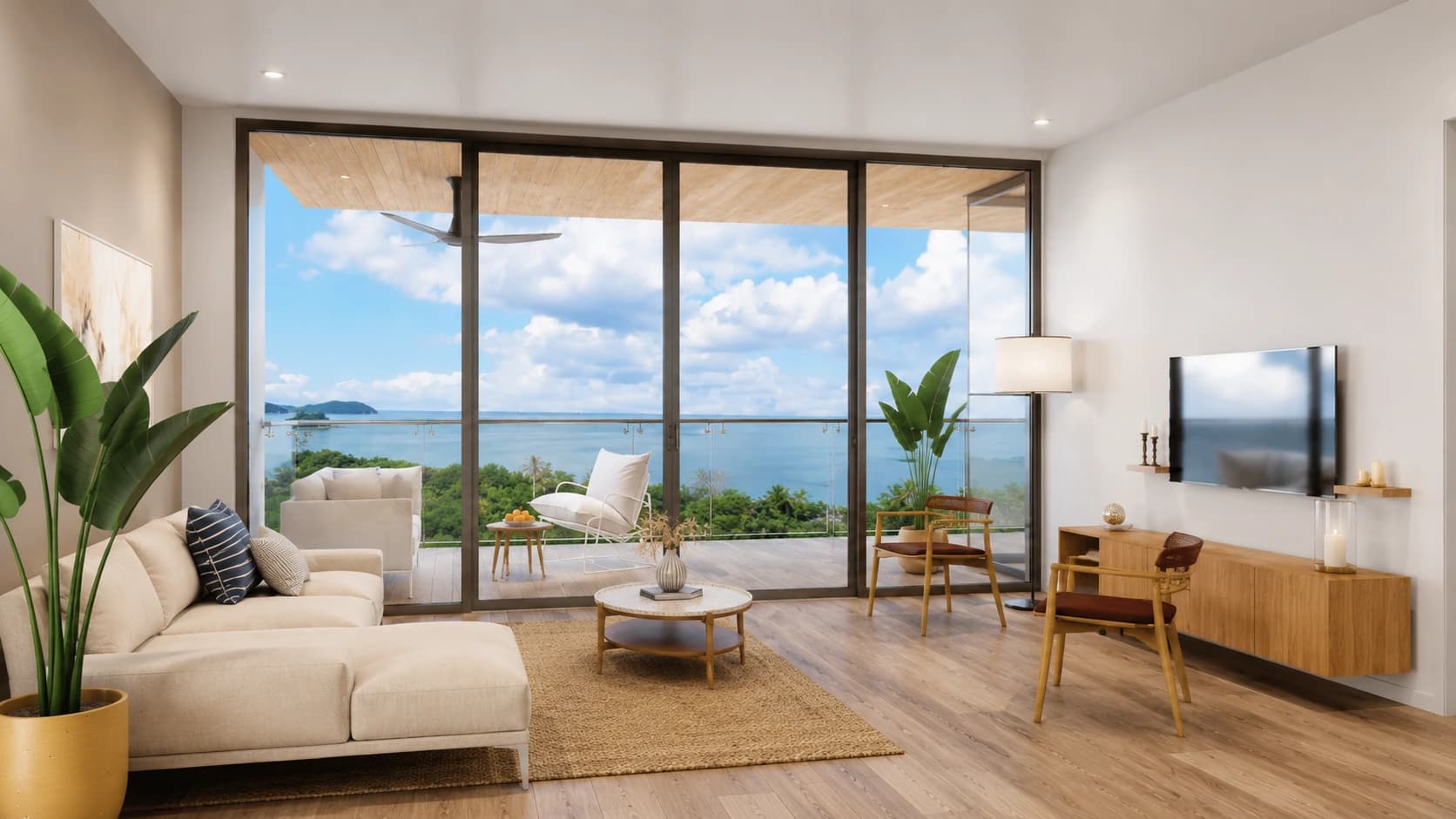 Ocean-view living room interior at Arcadia Brasilito Beach