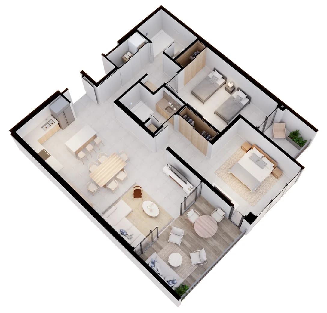 2-Bedroom 3D floor plan at Arcadia Brasilito Beach