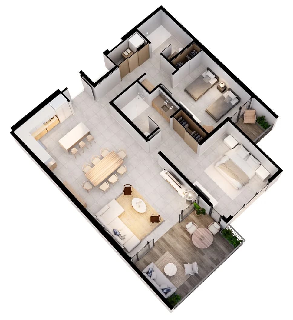 2 Bedroom 3D floor plan at Arcadia Brasilito Beach
