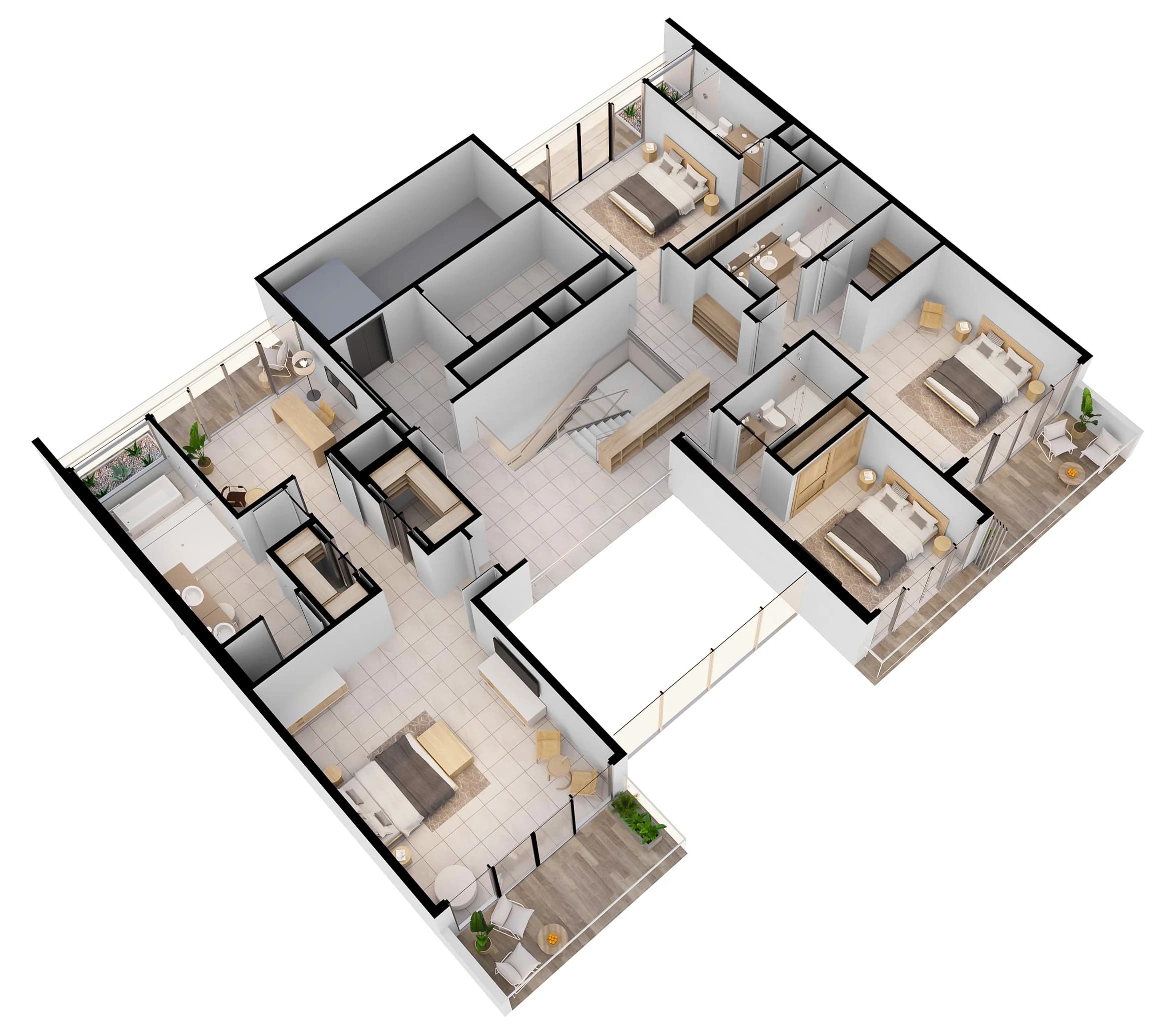 Penthouse B upper level 3D floor plan at Arcadia Brasilito Beach