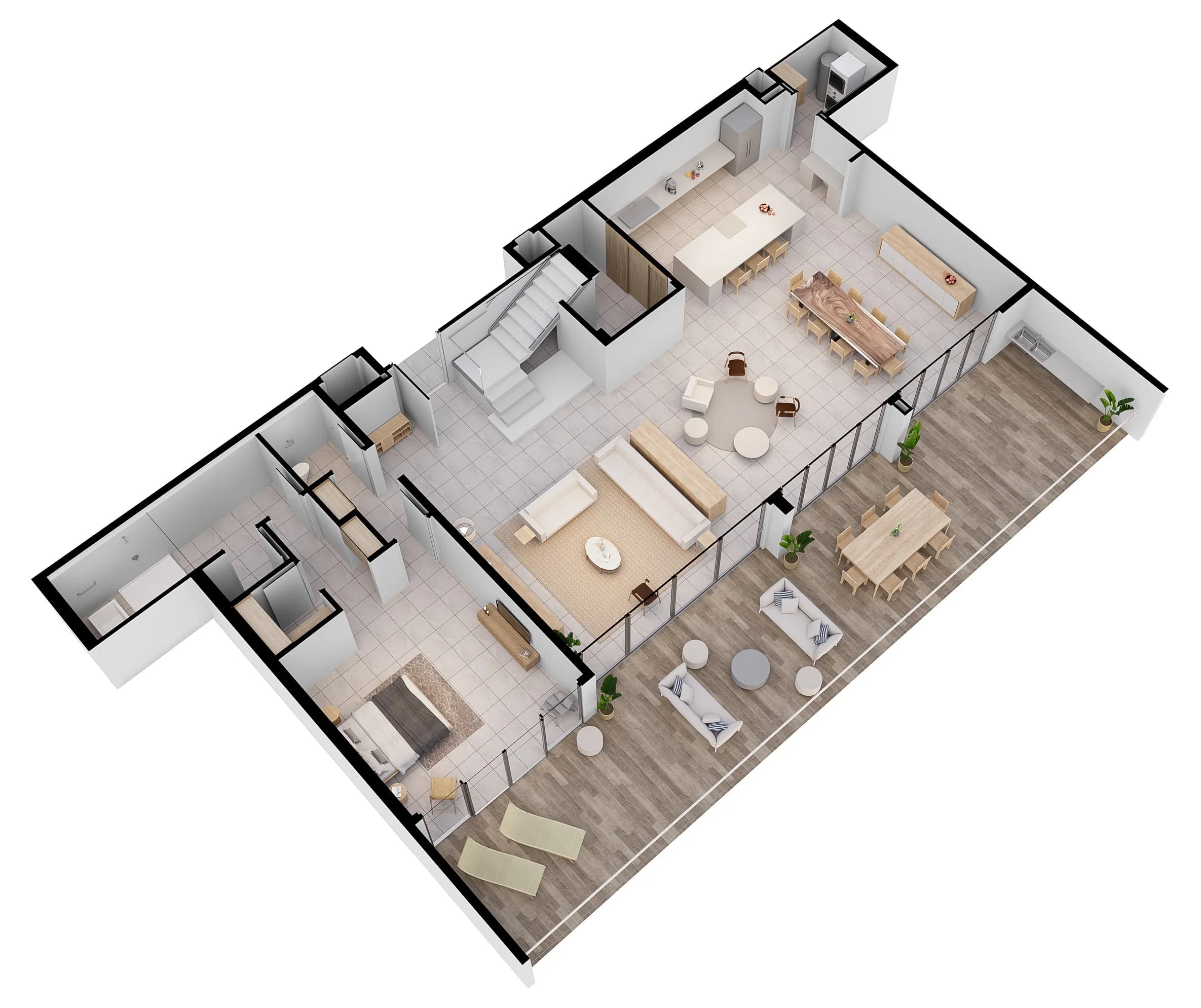 Penthouse B main level 3D floor plan at Arcadia Brasilito Beach