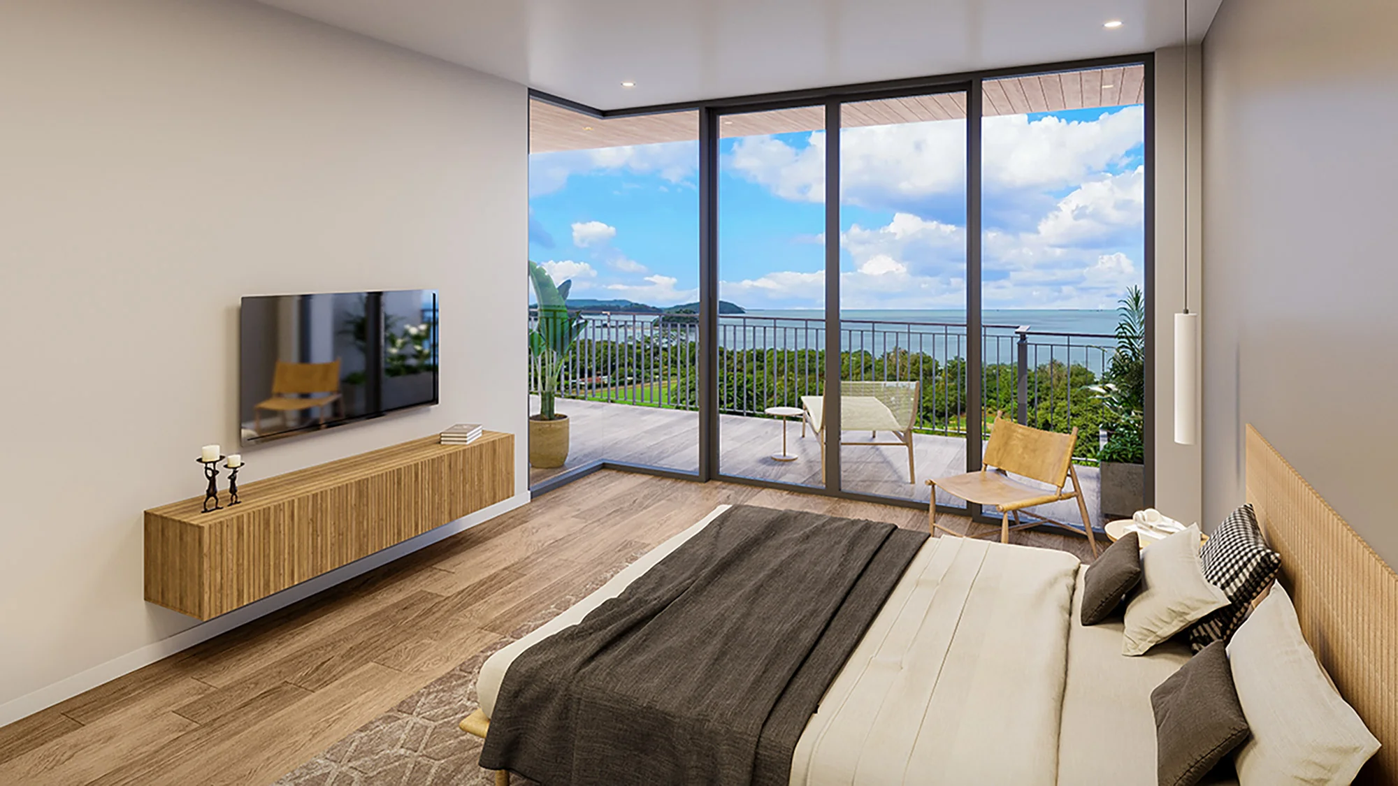 Bedroom interior render at Arcadia Brasilito Beach
