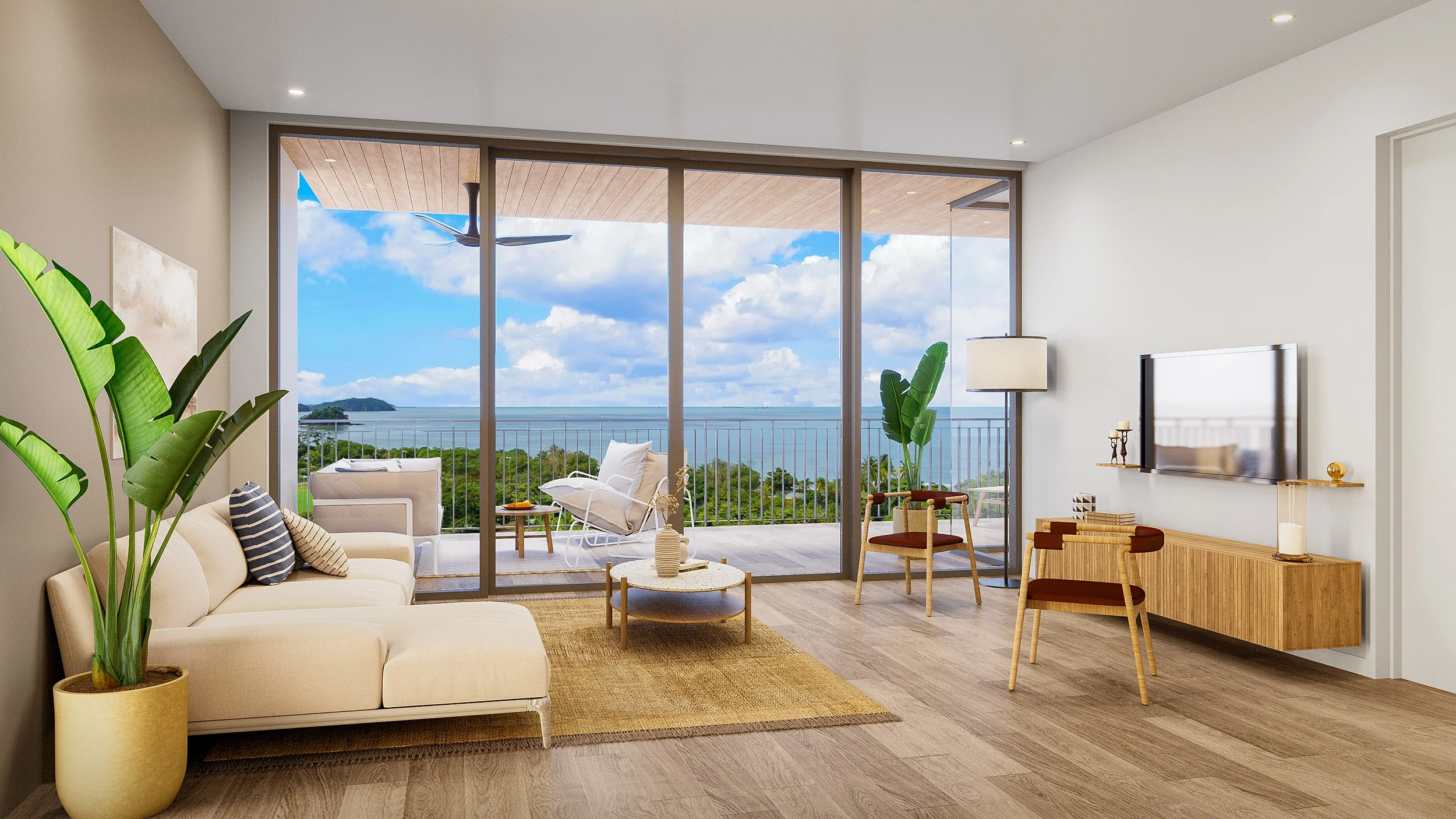 Living room interior render at Arcadia Brasilito Beach